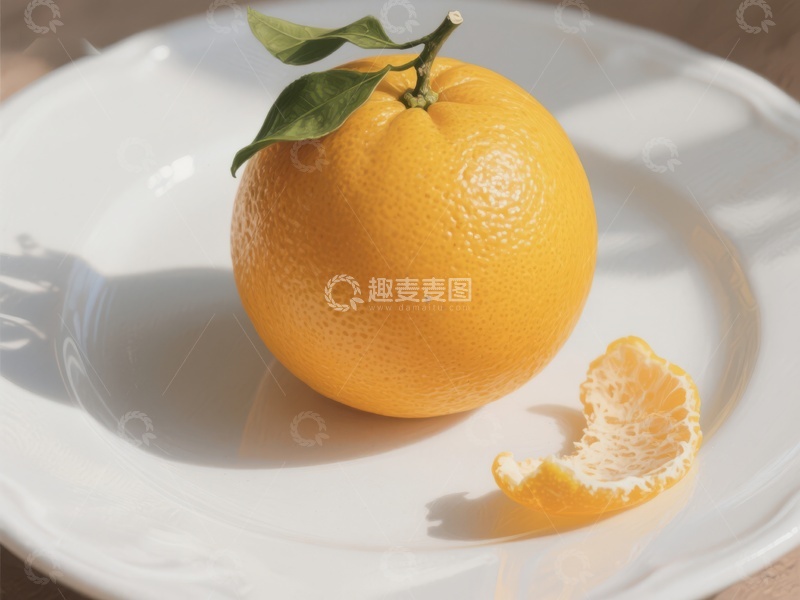 高清大图下载【趣麦麦图】新鲜橙子与果皮置于白色盘中