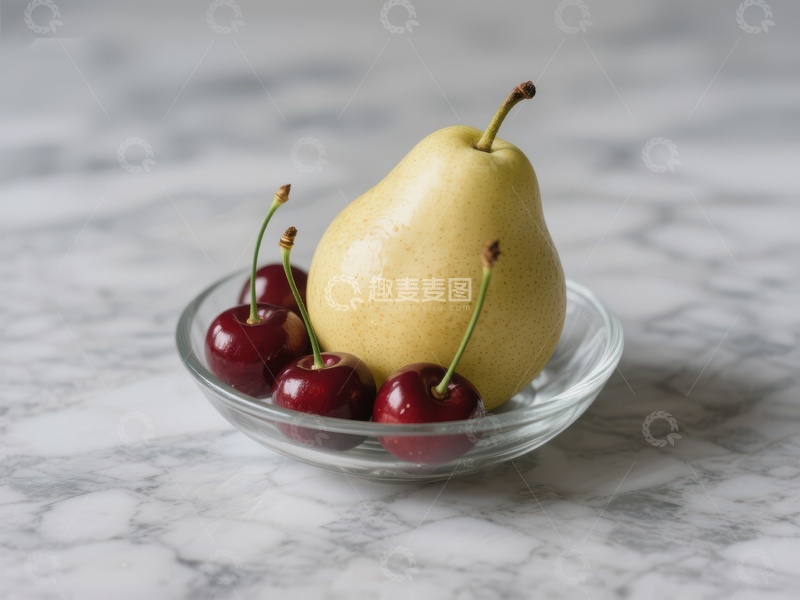 高清大图下载【趣麦麦图】玻璃碗中的梨与樱桃