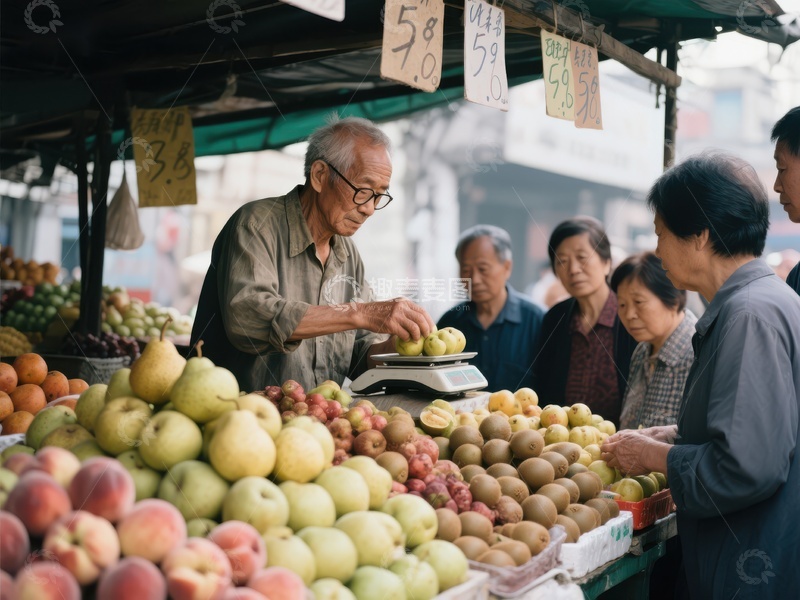 市场摊位前的水果交易