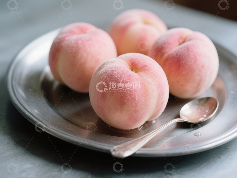 高清大图下载【趣麦麦图】盘中新鲜桃子与银勺
