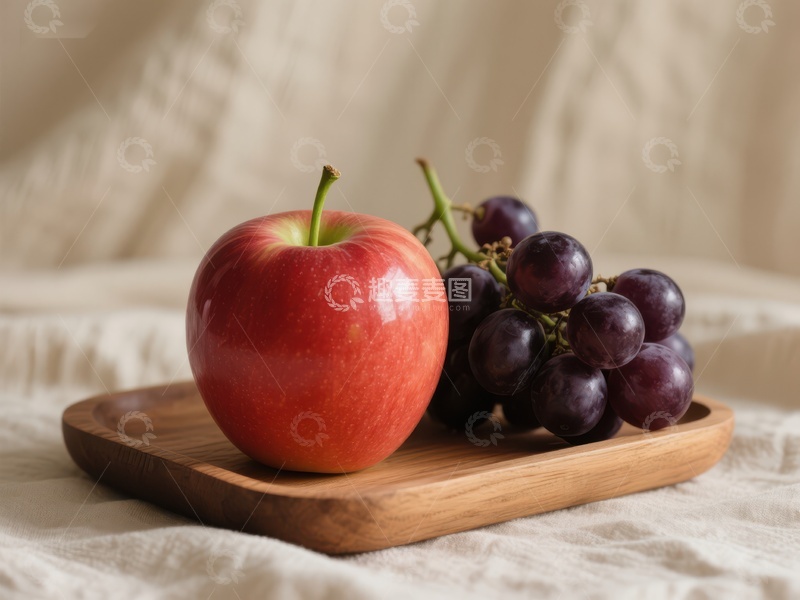 高清大图下载【趣麦麦图】红苹果与紫葡萄静置木盘