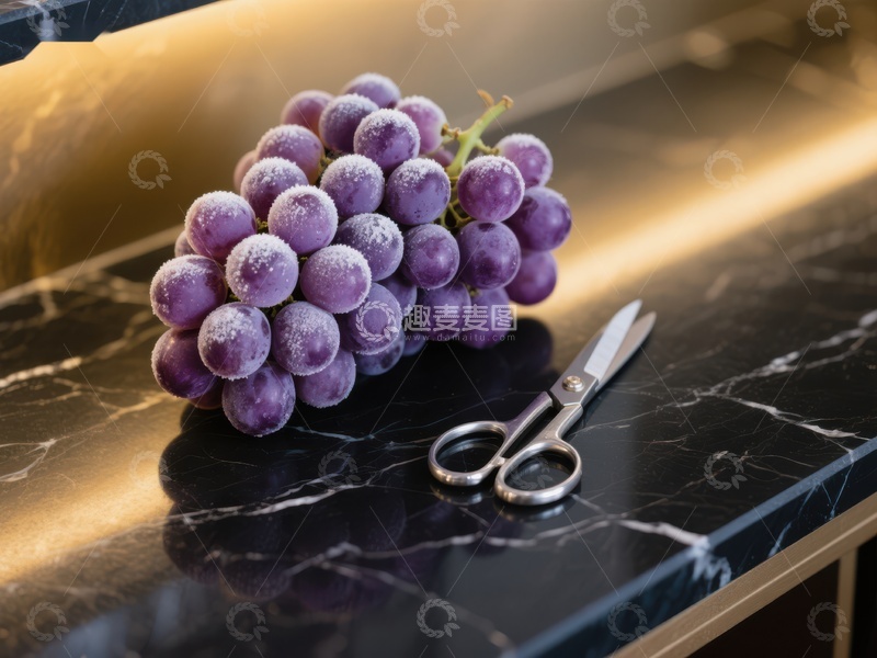 高清大图下载【趣麦麦图】葡萄与剪刀置于大理石台面