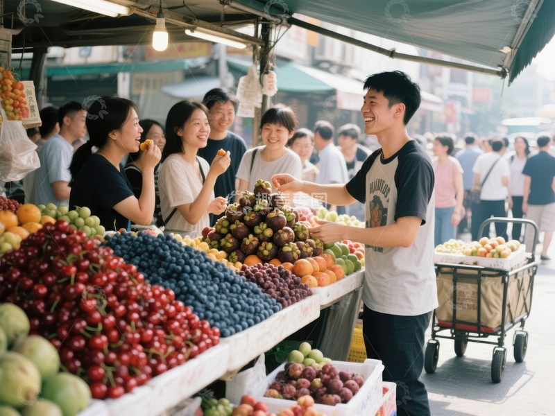 高清大图下载【趣麦麦图】市场摊位前的热闹交易