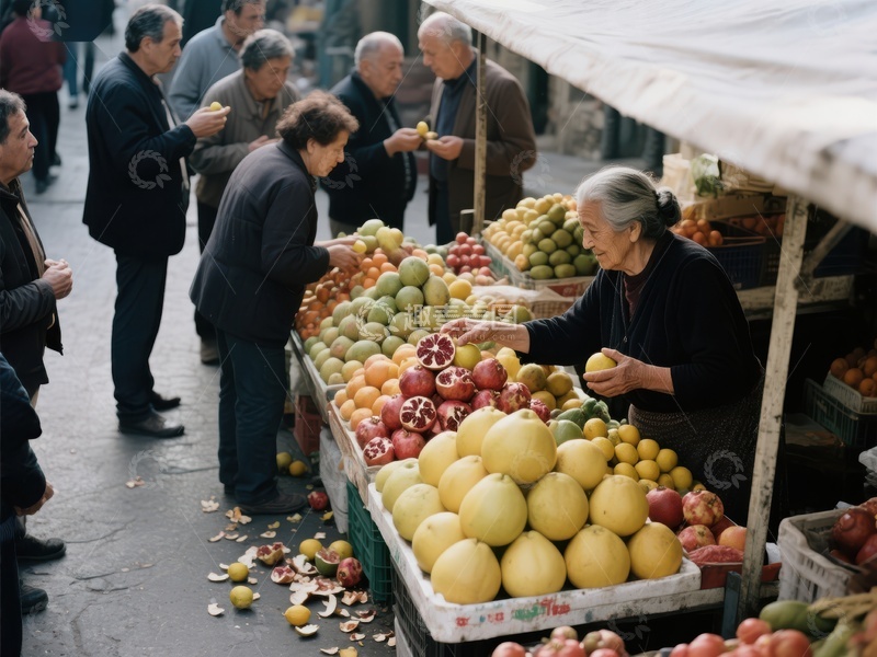 市场摊位前的水果交易