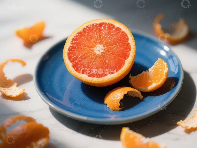 高清大图下载【趣麦麦图】切开的葡萄柚置于蓝色盘中