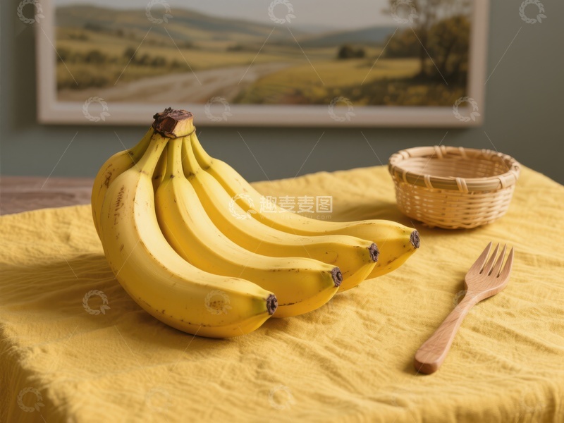 高清大图下载【趣麦麦图】黄色桌布上的香蕉与叉子