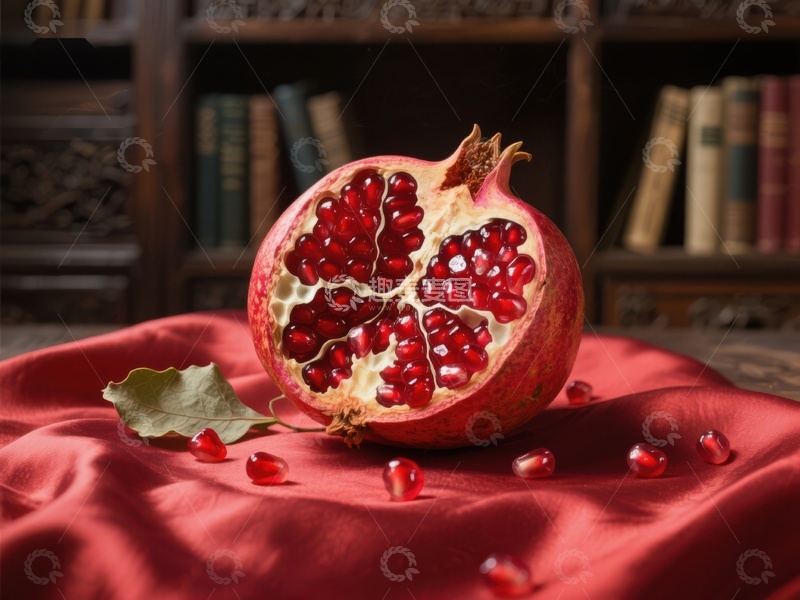 高清大图下载【趣麦麦图】切开的石榴置于红色布上