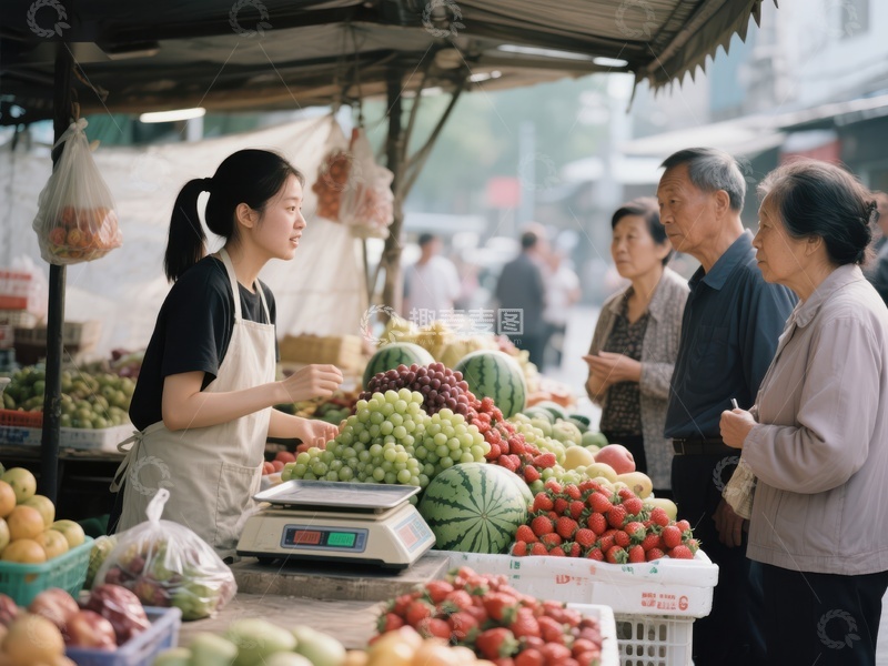 市场摊位前的水果交易