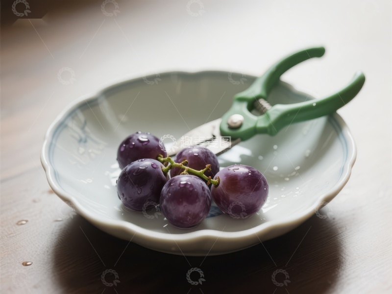 高清大图下载【趣麦麦图】盘中葡萄与绿色剪刀