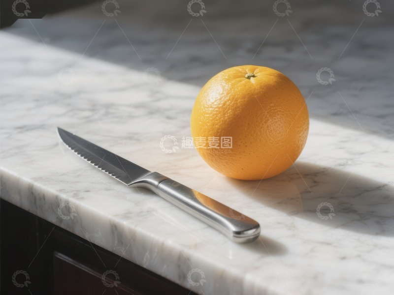 高清大图下载【趣麦麦图】橙子与刀具置于大理石台面