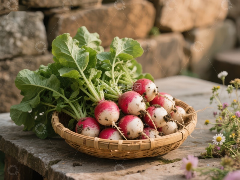 高清大图下载【趣麦麦图】新鲜萝卜置于竹篮中