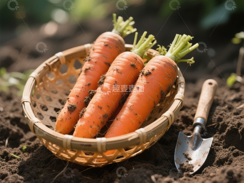 高清大图下载【趣麦麦图】新鲜胡萝卜置于篮中，旁配小铲