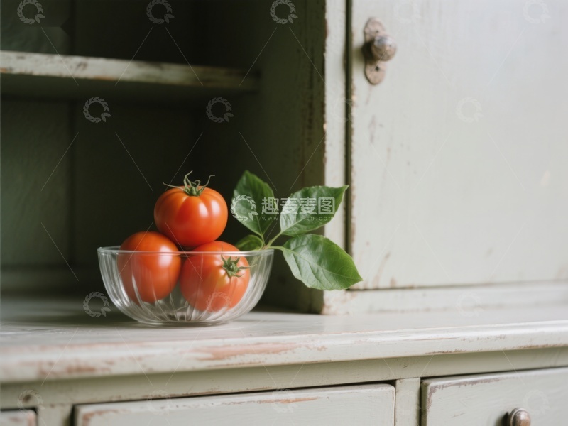 高清大图下载【趣麦麦图】碗中新鲜番茄置于复古橱柜