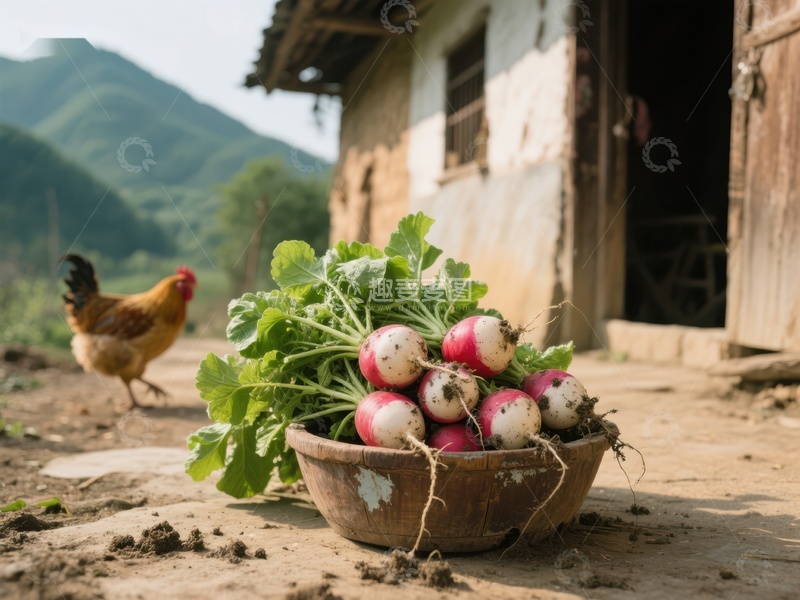 高清大图下载【趣麦麦图】乡村庭院里的萝卜与鸡