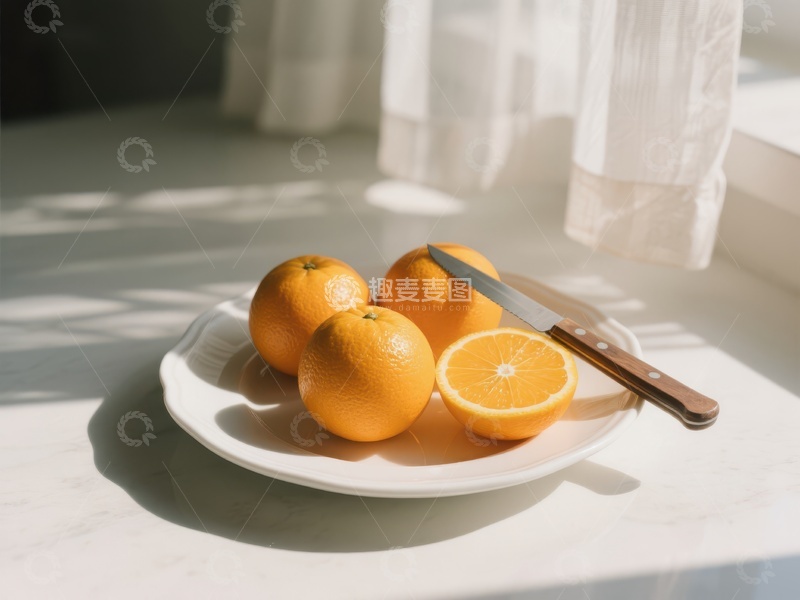 高清大图下载【趣麦麦图】阳光下的橙子与刀具