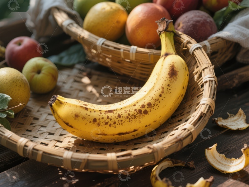 高清大图下载【趣麦麦图】新鲜水果篮中的斑点香蕉
