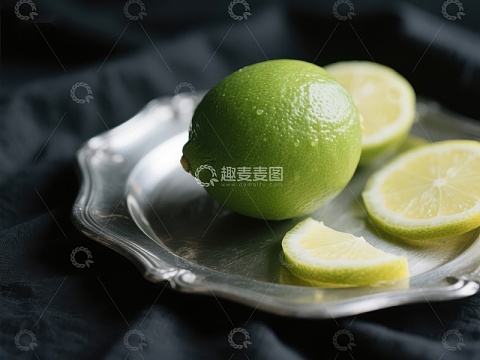 青柠与柠檬片置于银盘