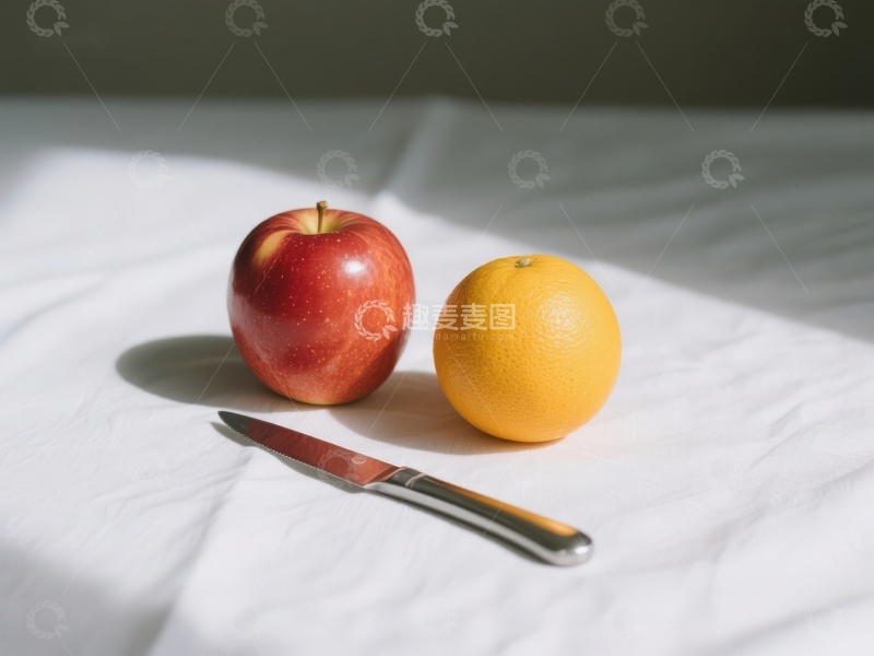 高清大图下载【趣麦麦图】苹果与橙子并列，刀具置于旁