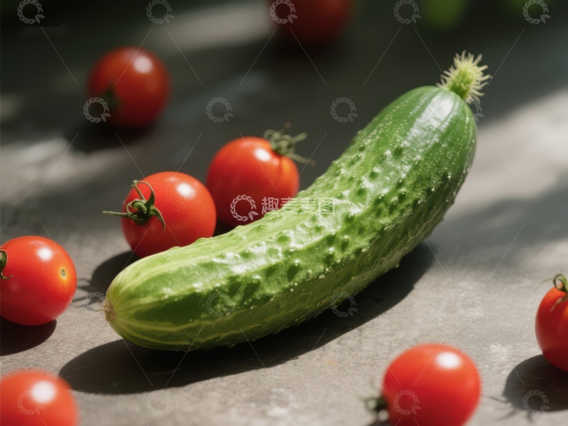 高清大图下载【趣麦麦图】新鲜黄瓜与樱桃番茄的静物组合
