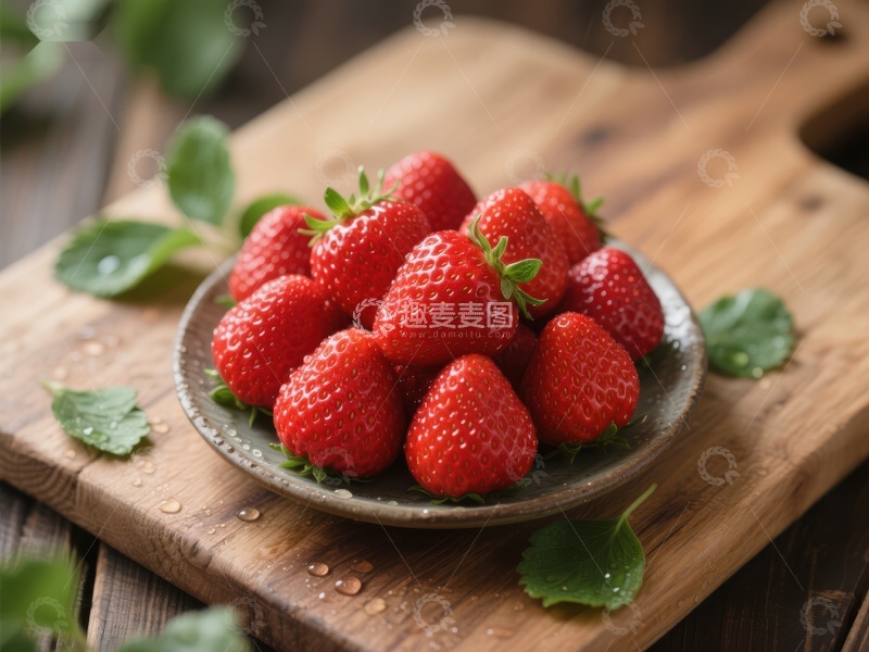 高清大图下载【趣麦麦图】新鲜草莓置于木制砧板上的特写