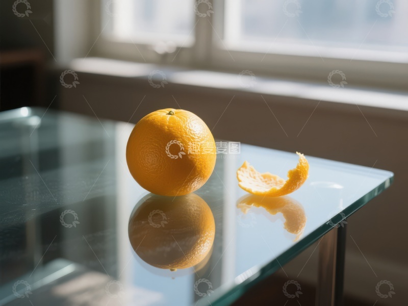 高清大图下载【趣麦麦图】橙子与果皮置于玻璃桌面上