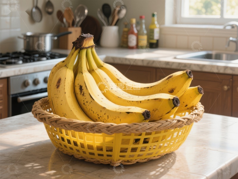高清大图下载【趣麦麦图】厨房台面上的黄色香蕉篮