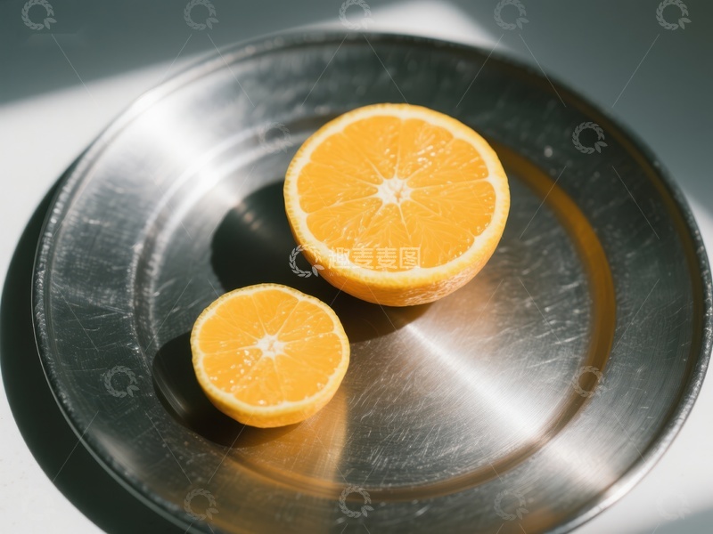 高清大图下载【趣麦麦图】切开的橙子置于金属盘中