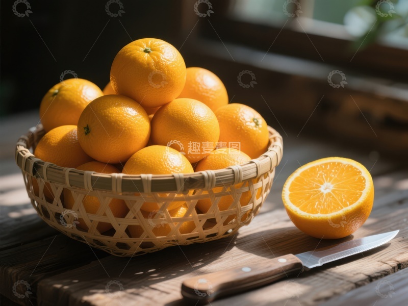 高清大图下载【趣麦麦图】竹篮中的新鲜橙子与切片