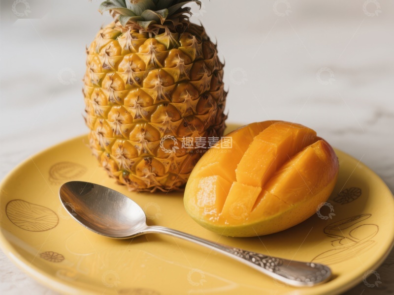 高清大图下载【趣麦麦图】菠萝与芒果切片置于黄色盘中