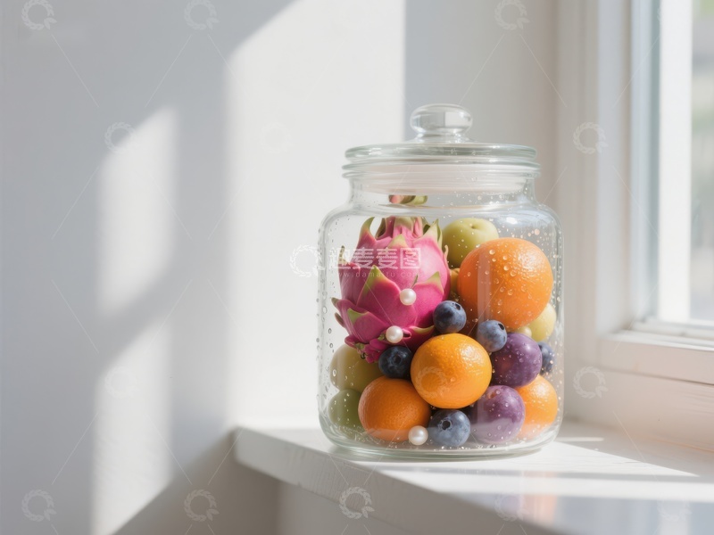 高清大图下载【趣麦麦图】窗边玻璃罐中的多彩水果