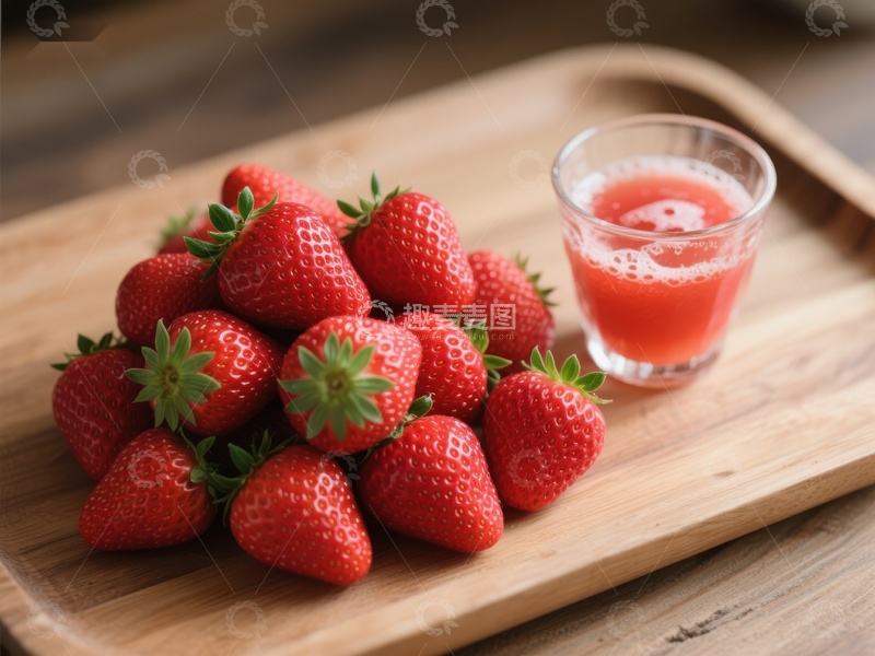 高清大图下载【趣麦麦图】新鲜草莓与果酱，木盘上的美味组合