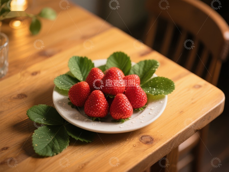 高清大图下载【趣麦麦图】新鲜草莓点缀绿叶，置于木质桌面