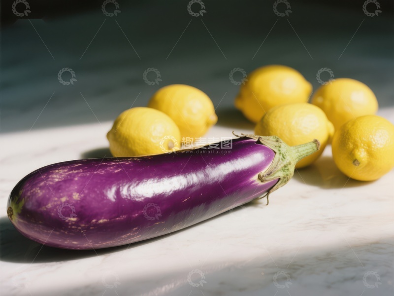 高清大图下载【趣麦麦图】紫色茄子与黄色柠檬静物组合