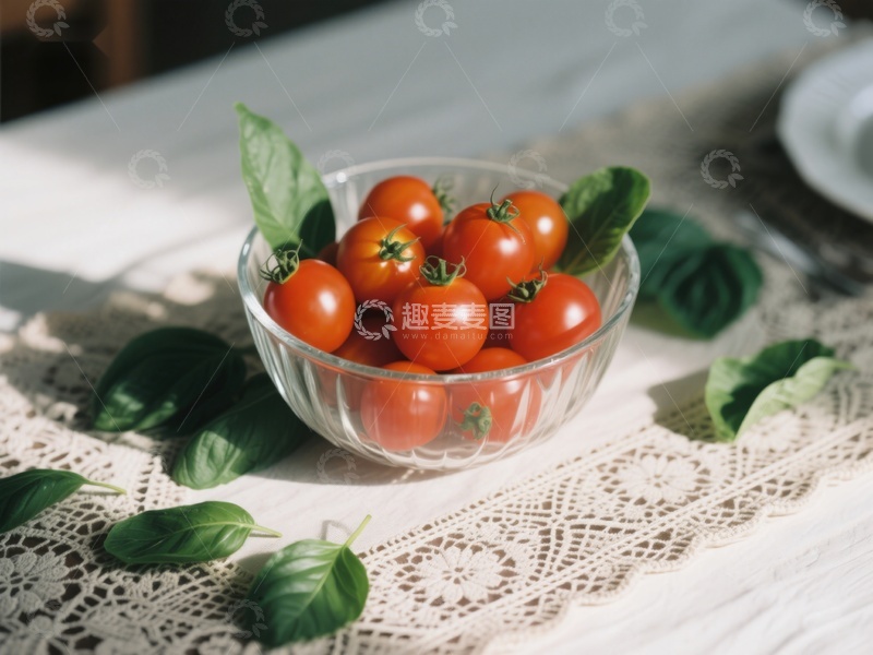 高清大图下载【趣麦麦图】透明碗中的樱桃番茄与绿叶