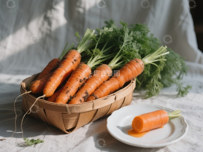 高清大图下载【趣麦麦图】新鲜胡萝卜置于篮中，一旁摆放切片