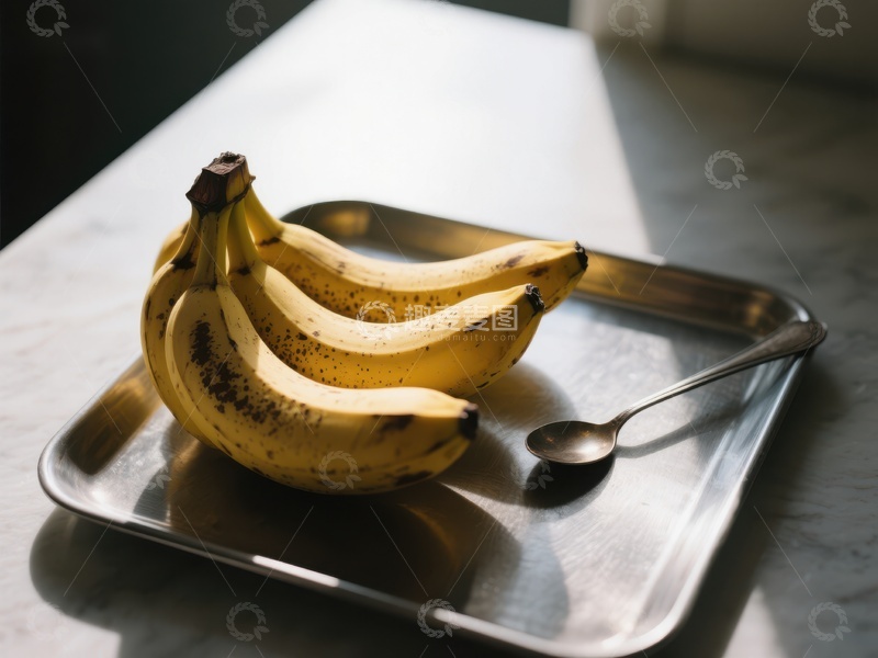 高清大图下载【趣麦麦图】金属托盘上的香蕉与勺子