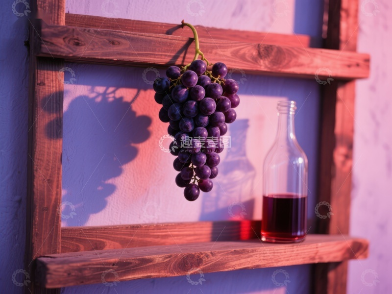 高清大图下载【趣麦麦图】葡萄与红酒瓶置于木质架子上