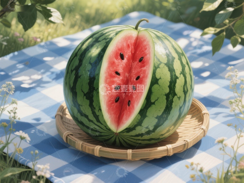 高清大图下载【趣麦麦图】切开的西瓜置于蓝白格子布上
