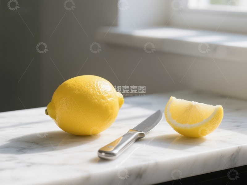 高清大图下载【趣麦麦图】柠檬与刀置于大理石台面