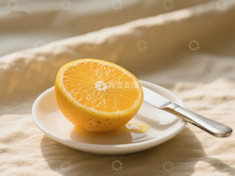 高清大图下载【趣麦麦图】切开的橙子置于盘中，阳光洒落