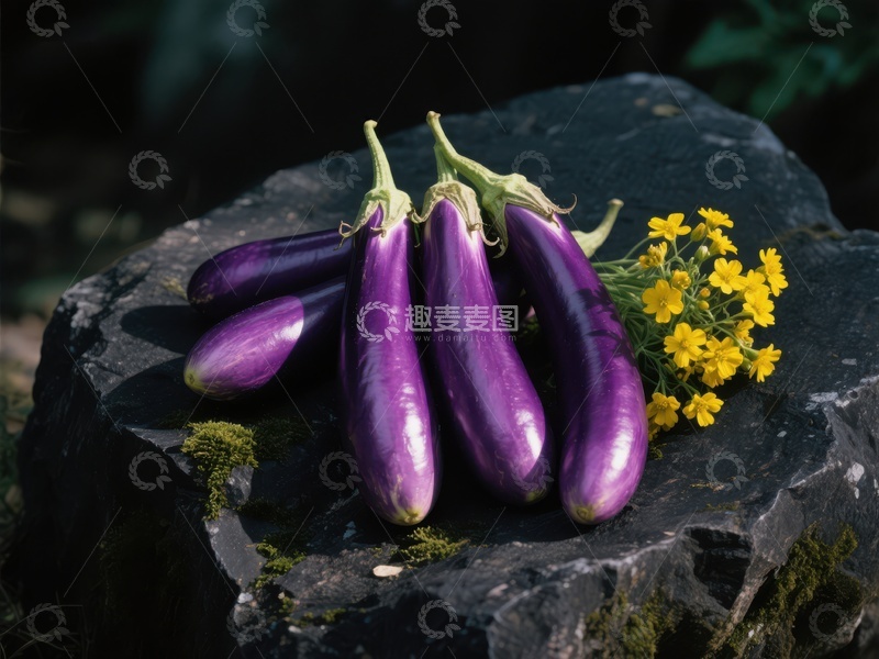 高清大图下载【趣麦麦图】紫色茄子与黄色小花置于岩石上
