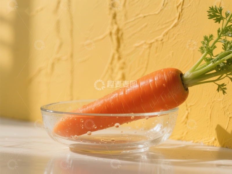高清大图下载【趣麦麦图】-胡萝卜置于透明碗中，背景为黄色墙面