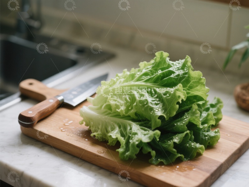 高清大图下载【趣麦麦图】新鲜生菜置于厨房砧板上