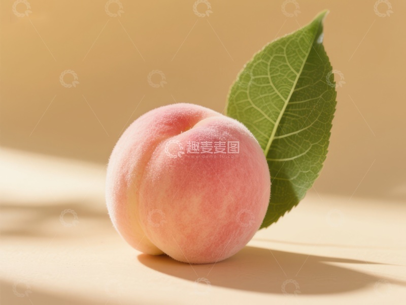 高清大图下载【趣麦麦图】新鲜桃子与绿叶的静物图