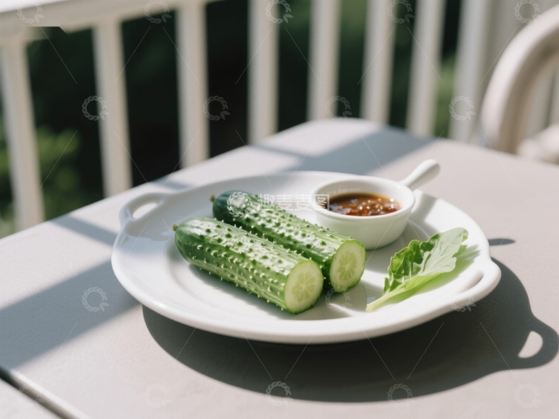 高清大图下载【趣麦麦图】清新黄瓜配酱碟，户外餐桌上的美味小菜