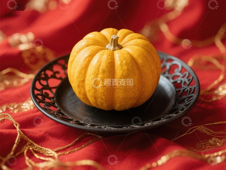 金色小南瓜置于黑色雕花盘中
