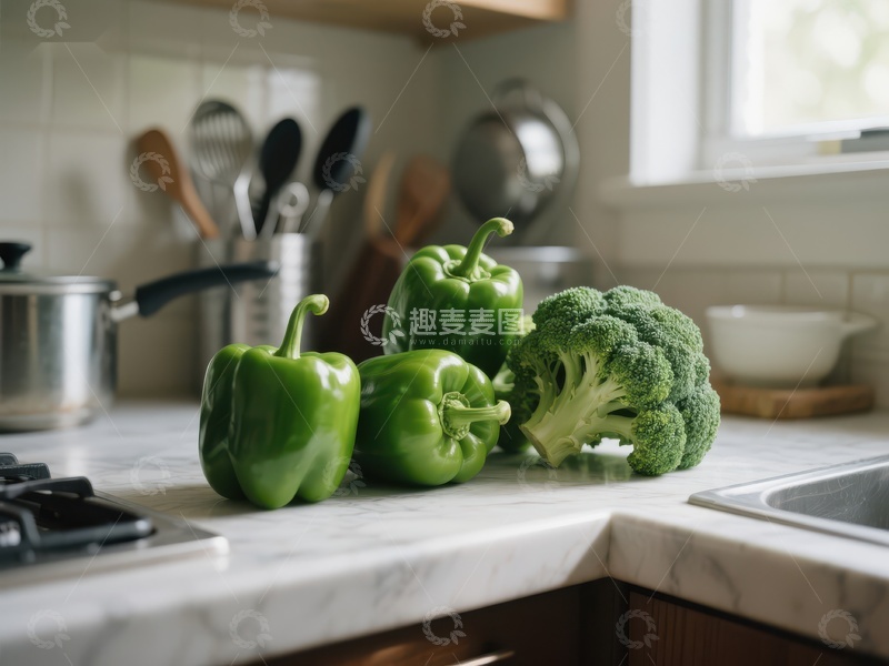 高清大图下载【趣麦麦图】厨房台面上的西兰花和青椒