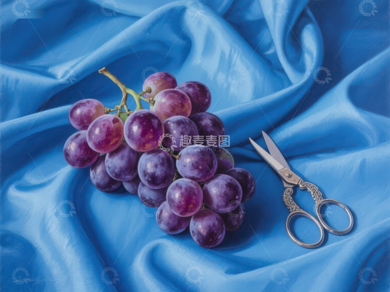 高清大图下载【趣麦麦图】葡萄与剪刀的静物画