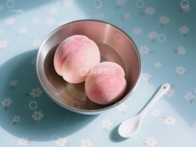 高清大图下载【趣麦麦图】碗中两个桃子，旁边放置勺子