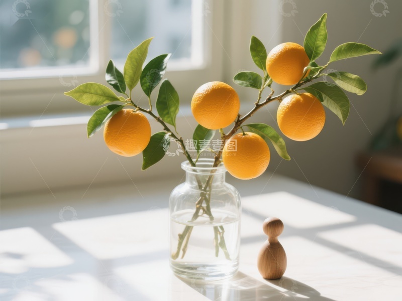 高清大图下载【趣麦麦图】橙子枝条插在透明花瓶中